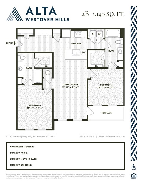 Floor plan for 2 beds, 2 baths, 1140 sqft